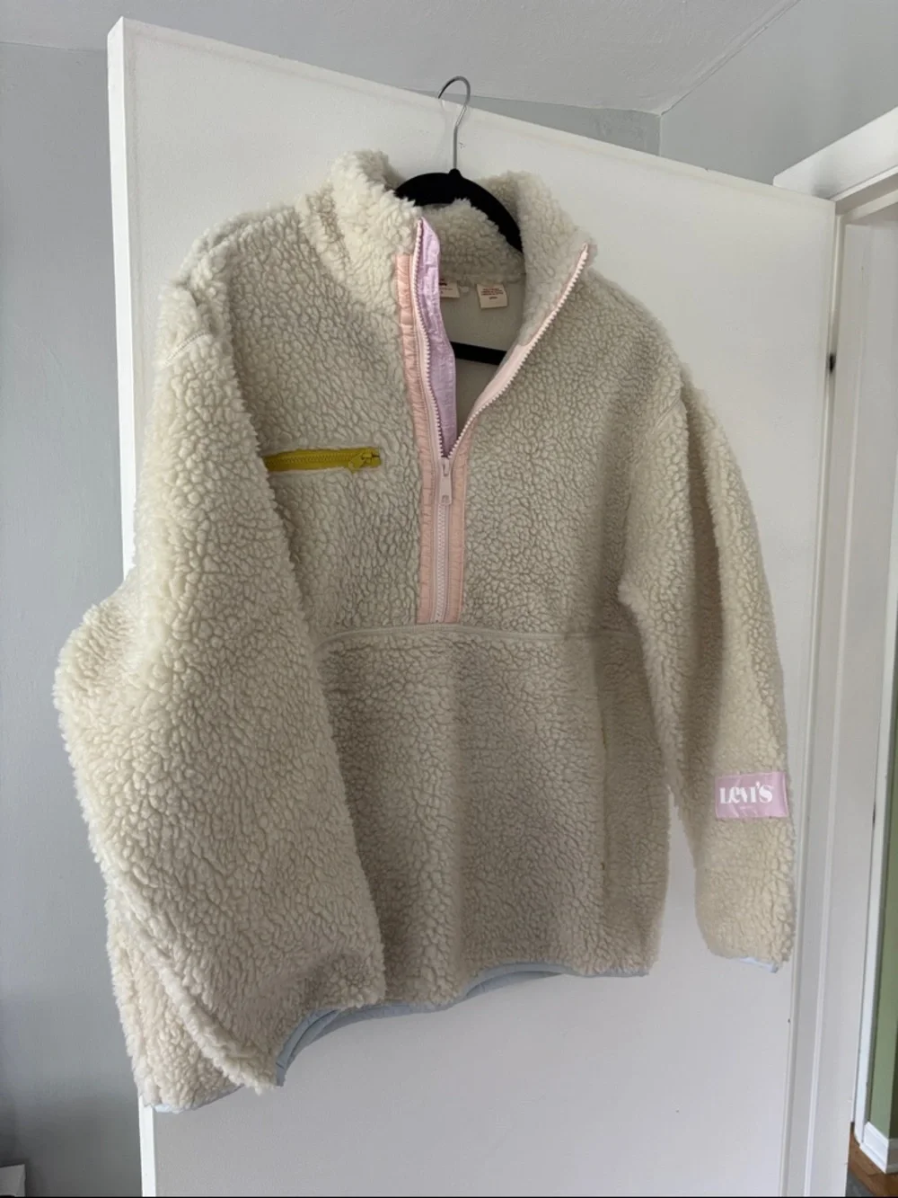 Levi's Cream Sherpa Half-Zip Pullover with Pink Trim and Yellow Pocket